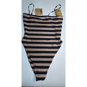 SAME Los Angeles Striped Choker One-Piece Swimsuit Navy Beige L NWT